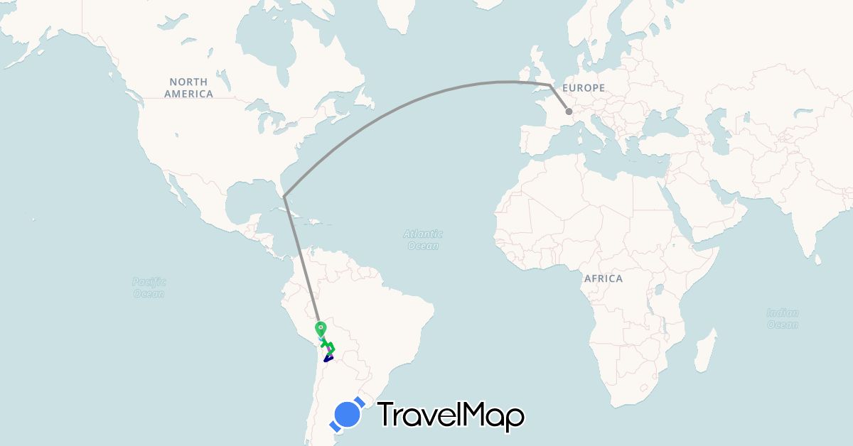 TravelMap itinerary: driving, bus, plane, train, boat in Bolivia, France, United Kingdom, Peru, United States (Europe, North America, South America)