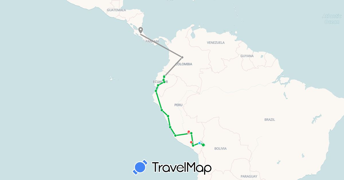 TravelMap itinerary: driving, bus, plane, hiking, boat in Colombia, Costa Rica, Ecuador, Peru (North America, South America)