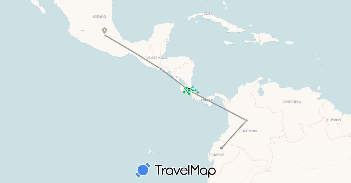 TravelMap itinerary: driving, bus, plane, cycling, boat in Colombia, Costa Rica, Ecuador, Mexico, El Salvador (North America, South America)