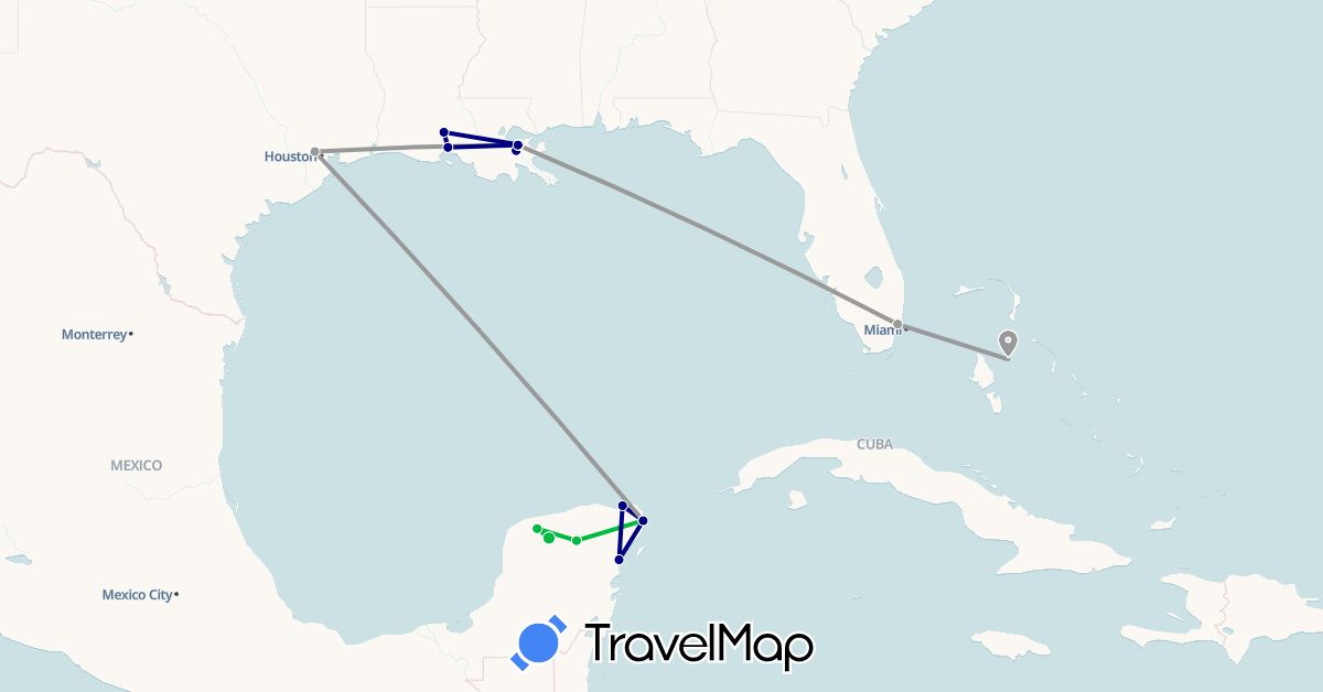 TravelMap itinerary: driving, bus, plane, cycling in Bahamas, Mexico, United States (North America)